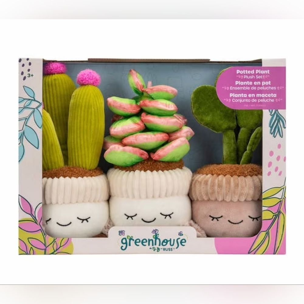 RUSS Greenhouse 12" Plush Potted Plants 3pc Set Cactus Succulent Rubber Tree